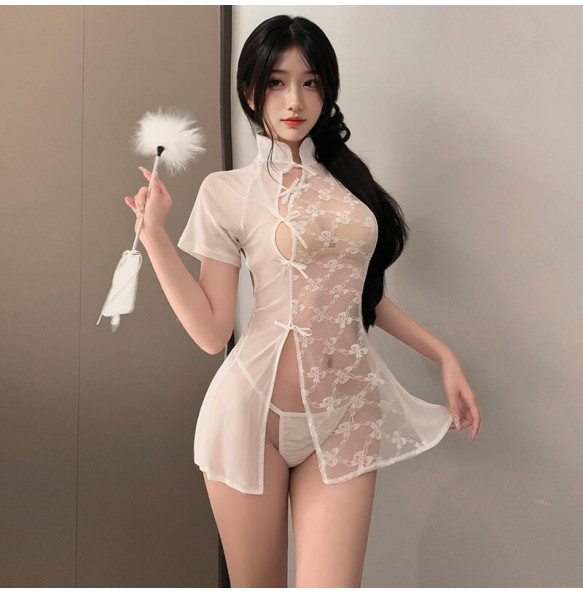 FEE ET MOI - Sexy Lace Splicing See-Through Cheongsam (White)